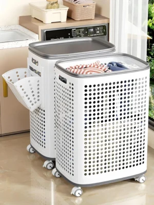 Laundry Basket with Wheels & Lid, Rolling Clothes Hamper with Lid for Laundry Room, College Dorm, Bathroom, Bedroom - Ventilated Plastic Storage Basket with Handle, White